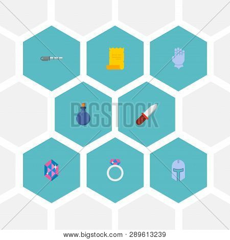 Set Of Game Icons Flat Style Symbols With Mana Potion, Crystal, Magical Scrolled And Other Icons For