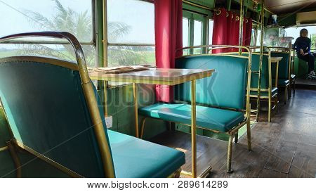 Sekinchan, Malaysia - 09 Mar, 2019: Unique Bus Restaurant Near The Beautiful Paddy Field At Sekincha