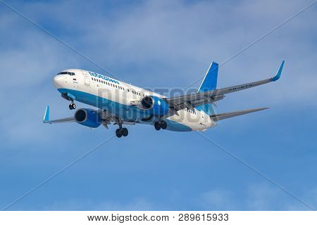 Moscow, Russia - March 14, 2019: Aircraft Boeing 737-800 Vq-btg Of Pobeda Airine Going To Landing At
