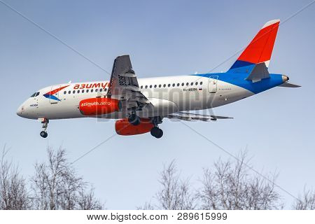 Moscow, Russia - March 14, 2019: Aircraft Sukhoi Superjet 100 Ra-89096 Of Azimuth Airlines Going To 