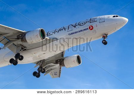 Moscow, Russia - March 14, 2019: Aircraft Airbus A330-200 Tc-lnb Of Turkish Airlines Going To Landin