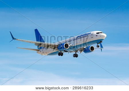 Moscow, Russia - March 14, 2019: Aircraft Boeing 737-8al(wl) Vp-bpx Of Pobeda Airine Going To Landin