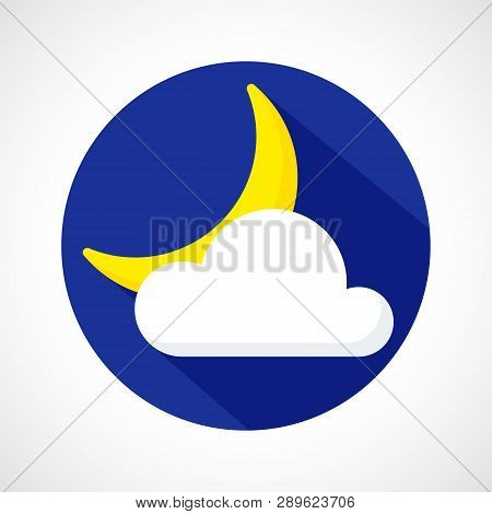 Color Weather Night Cloudy Moon Icon In Flat Style. Moon And Cloud With Long Shadow On Blue Circle F