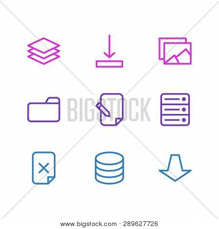 Illustration Of 9 Storage Icons Line Style. Editable Set Of Arrow Down, Server, Pull And Other Icon 
