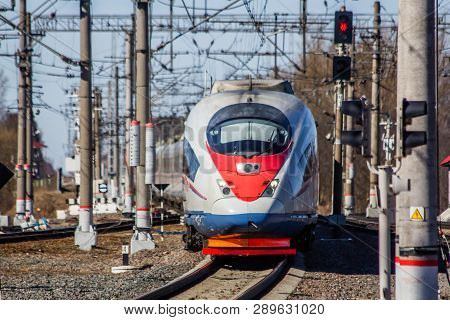 High-speed Train Sapsan. Fast Speed Travel Moscow - St. Petersburg. Station Lyuban, Russia, Leningra