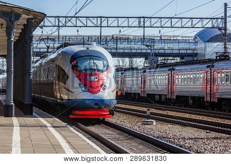 High-speed Train Sapsan. Fast Speed Travel Moscow - St. Petersburg. Station Lyuban, Russia, Leningra