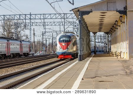 High-speed Train Sapsan. Fast Speed Travel Moscow - St. Petersburg. Station Lyuban, Russia, Leningra