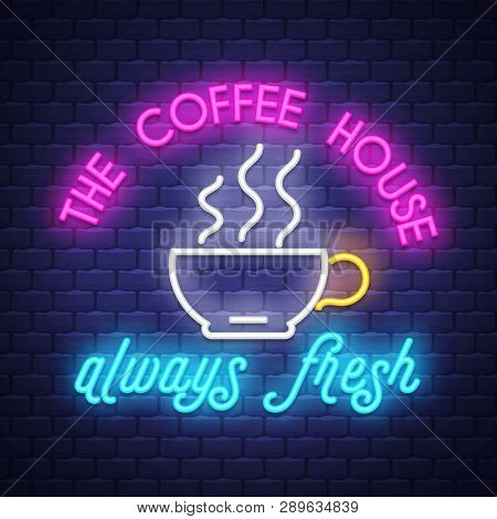Coffee- Neon Sign Vector On Brick Wall Background