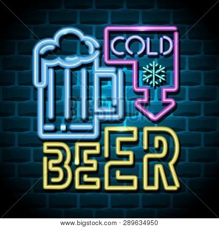 Cold Beer Neon Advertising Sign. 3d Neon Sign. Vector