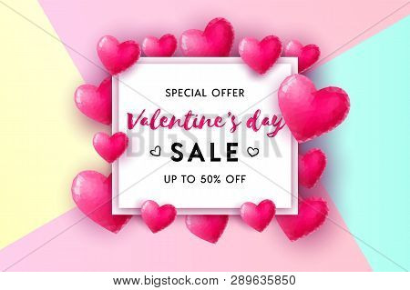 Valentines Day Sale Concept Vector Background. 3d Pink Low Poly Hearts With White Square Frame. Illu
