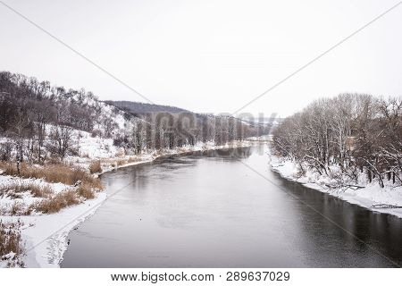River In Winter With Snowy Shores. Seversky Donets, Ukraine