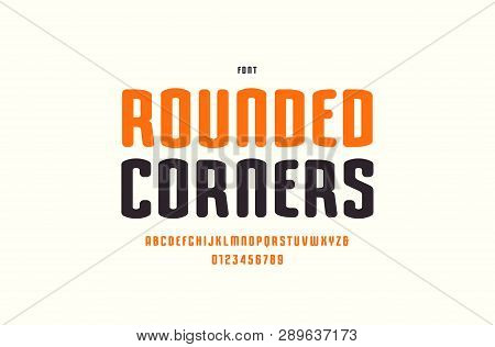 Stock Vector Narrow Sans Serif Font With Rounded Corners. Letters And Numbers For Logo And Label Des