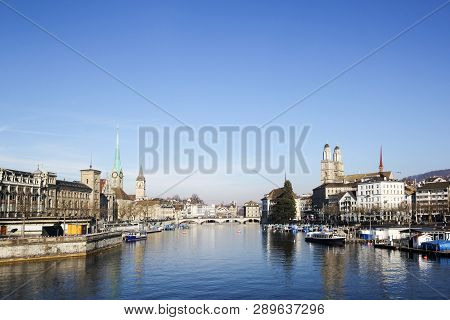 Swiss City And Financial Center Zurich At A Winter Morning