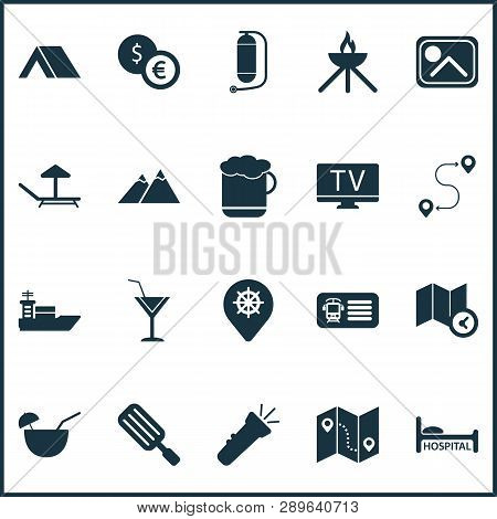 Tourism Icons Set With Ice Cream, Oxygen Cylinder, The Mountains And Other Guidance Elements. Isolat