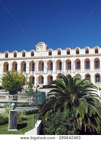 Statue In Front Of Hotel  In Panier District Of Marseille, France