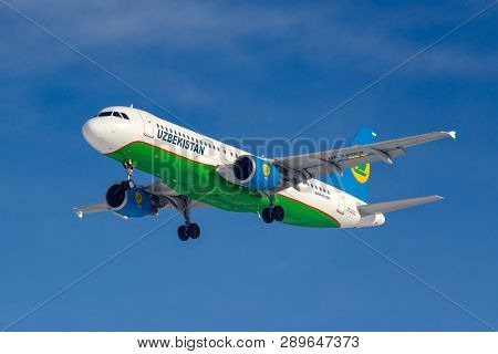 Moscow, Russia - March 14, 2019: Aircraft Airbus A320-200 Uk32012 Of Uzbekistan Airways Going To Lan