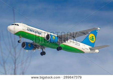 Moscow, Russia - March 14, 2019: Aircraft Airbus A320-200 Uk32012 Of Uzbekistan Airways Going To Lan