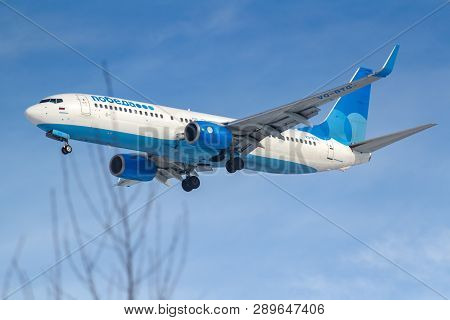 Moscow, Russia - March 14, 2019: Aircraft Boeing 737-800 Vq-btg Of Pobeda Airine Going To Landing At