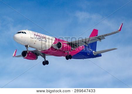 Moscow, Russia - March 14, 2019: Aircraft Airbus A320-200 Ha-lyt Of Wizz Air Going To Landing At Vnu