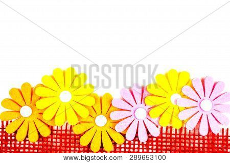 Birthday Gift Card With Red  Ribbon Decoration And Multicolor Flowers Laying On White Background