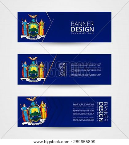 Set Of Three Horizontal Banners With Us State Flag Of New York. Web Banner Design Template In Color 
