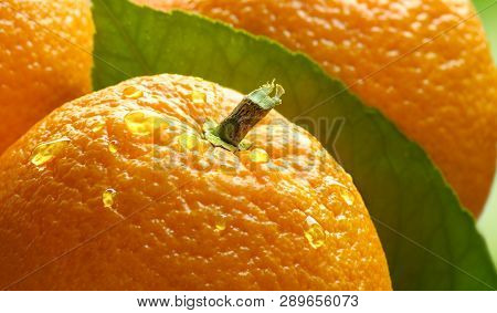 Orange Fruits With Green Leaf And Orange Juice Drops Close-up Macro