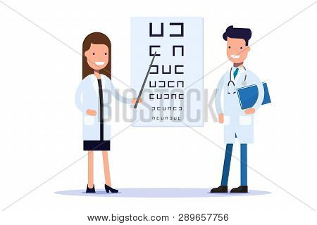 Good Doctors, An Oculist Or An Ophthalmologist. A Doctor With A Pointer Points To A Poster For An Ey
