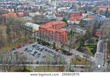 Koszalin, Poland - 06 March 2019 - Aerial View On City Koszalin, Area Of Jednosci Street With School