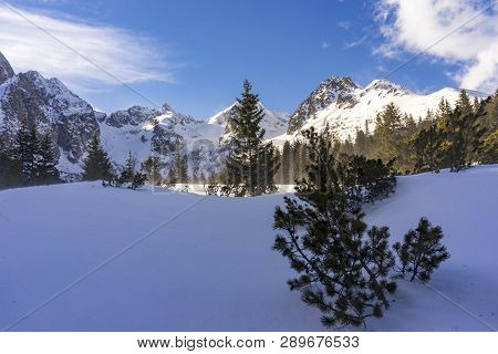 Winter Landscape Of Dolina Zeleneho Plesa. Tatra Mountains. Slovakia.