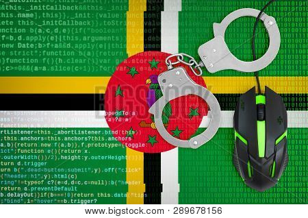 Dominica Flag  And Handcuffed Computer Mouse. Combating Computer Crime, Hackers And Piracy