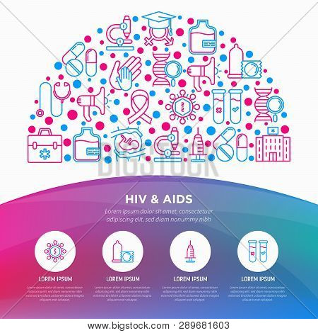 Hiv And Aids Concept In Half Circle With Thin Line Icons: Safe Sex, Blood Transfusion, Syringe, Aids