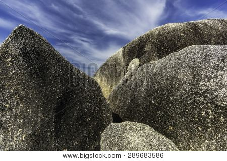 View Of A Group Of Big Stones On The Tanjung Tinggi Beach From Island Belitung/indonesia/