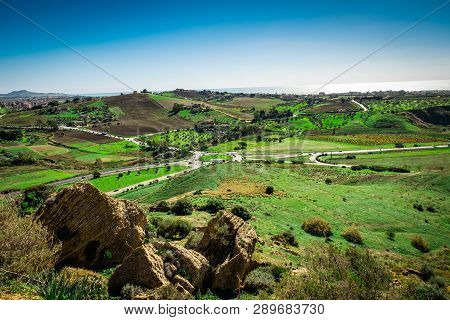 Scenic Landscape Of Sicily. Sicilian Countryside Landscape