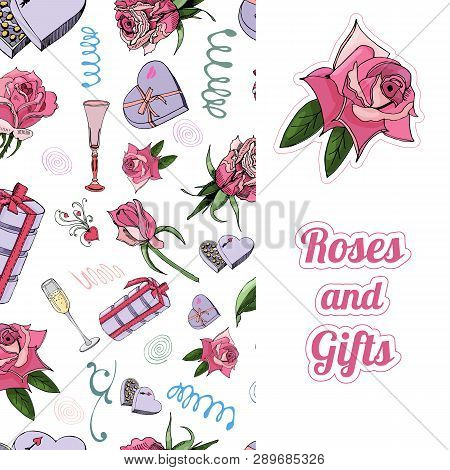 Vertical Template With Seamless Pattern Of Rose Flowes And Leaves, Candy, Other Different Gifts And 