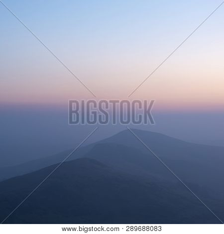 Beautiful Winter Sunrise Landscape Image Of The Great Ridge In The Peak District In England With Mis