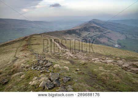 Beautiful Sunset Landscape Image Of The Great Ridge In The Peak District In England