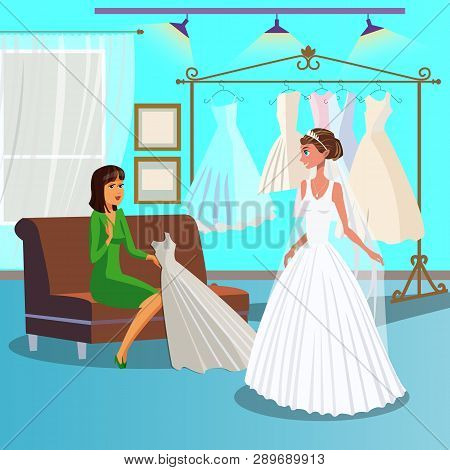 Bride With Friend In Wedding Salon Illustration. Model In White Gown. Dressing Room Vector Drawing. 