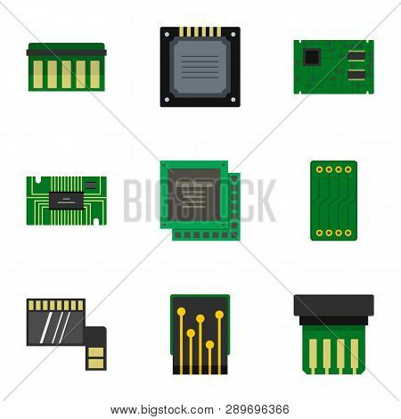 Microchip Icons Set. Flat Style Set Of 9 Microchip Icons For Web Design