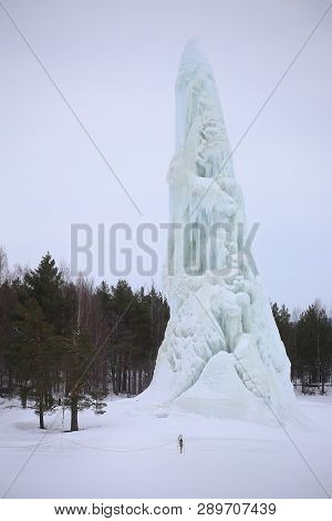 Ice Tower Formed By A Fountain In Lycksele, Northern Sweden