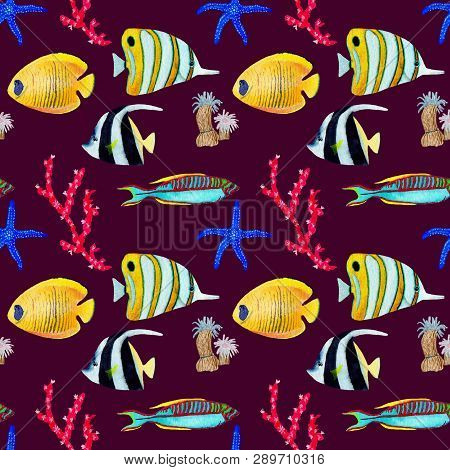 Hand drawn seamless pattern in watercolor sea world natural element. Corals fish on dark red background