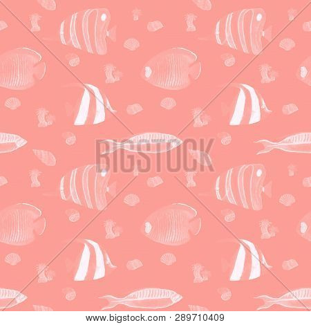 Hand drawn seamless pattern in watercolor sea natural element. Corals fish shells in pink monochrome