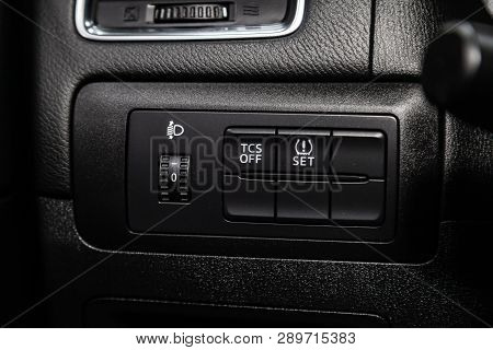 Novosibirsk, Russia - March 15, 2019:  Mazda Cx-5,close-up Of The Headlight Adjustment Buttons. Phot