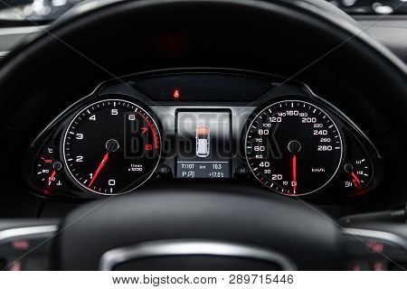 Novosibirsk, Russia - March 15, 2019:  Audi Q5,close-up Of The Dashboard, Speedometer And Tachometer