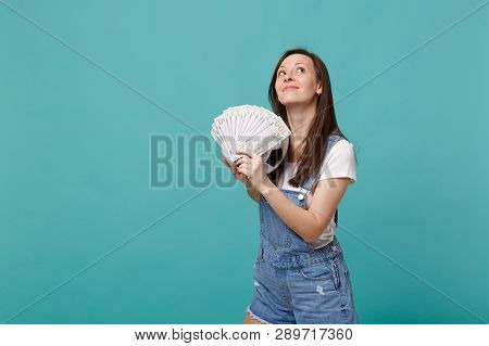 Dreamful Young Woman Football Fan Support Favorite Team With Soccer Ball, Fan Of Money In Dollar Ban