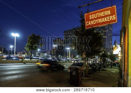 New Orleans, Usa - Dec 4, 2017: Night Scene Along Decatur Street In The Iconic French Quarter. Outsi