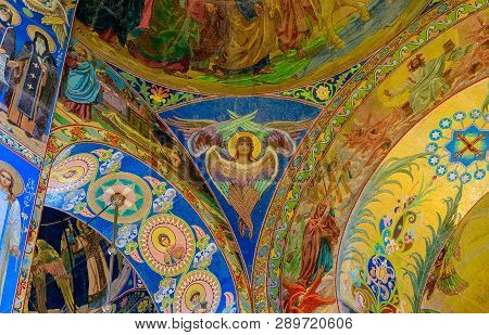 Saint Petersburg, Russia - September 9, 2017: Ornate Interior And Colorful Mosaic Icons Of The Churc