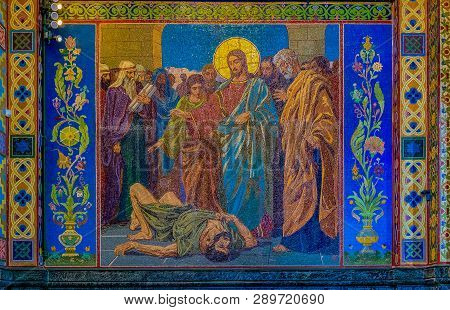 Saint Petersburg, Russia - September 9, 2017: Ornate Interior And Colorful Mosaic Icons Depicting Je