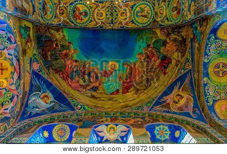 Saint Petersburg, Russia - September 9, 2017: Ornate Interior And Colorful Mosaic Icons Of Jesus Chr