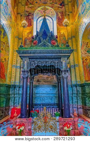Saint Petersburg, Russia - September 9, 2017: Ornate Shrine At The Place Of Death Of Tsar Alexander 