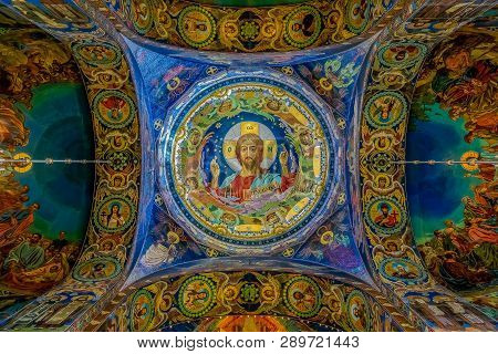 Saint Petersburg, Russia - September 9, 2017: Ornate Interior And Colorful Mosaic Icons Of Jesus Chr